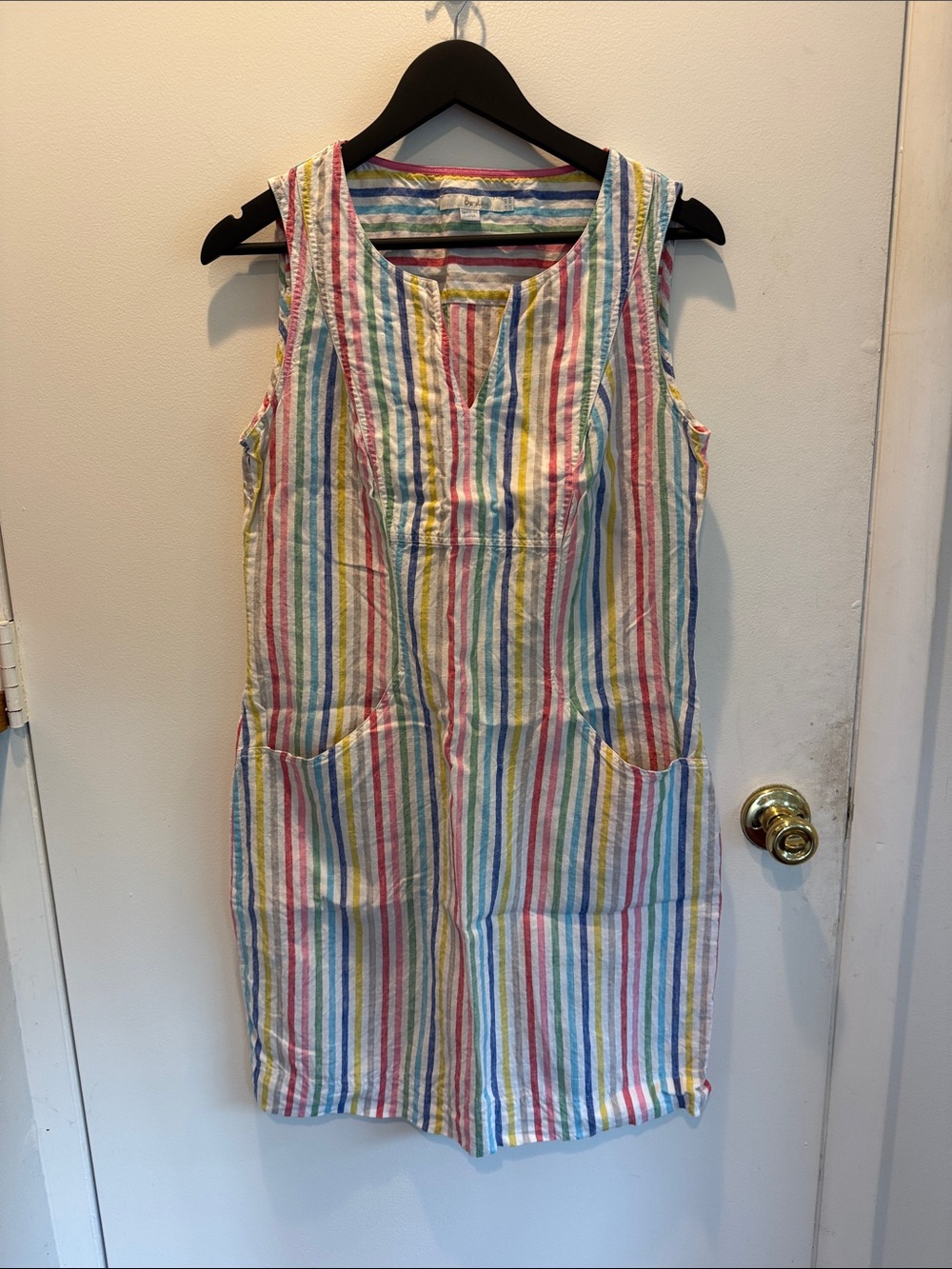 Boden women’s Sleeveless Multistripe Cotton Dress in Pink, Blue, Yellow, Green